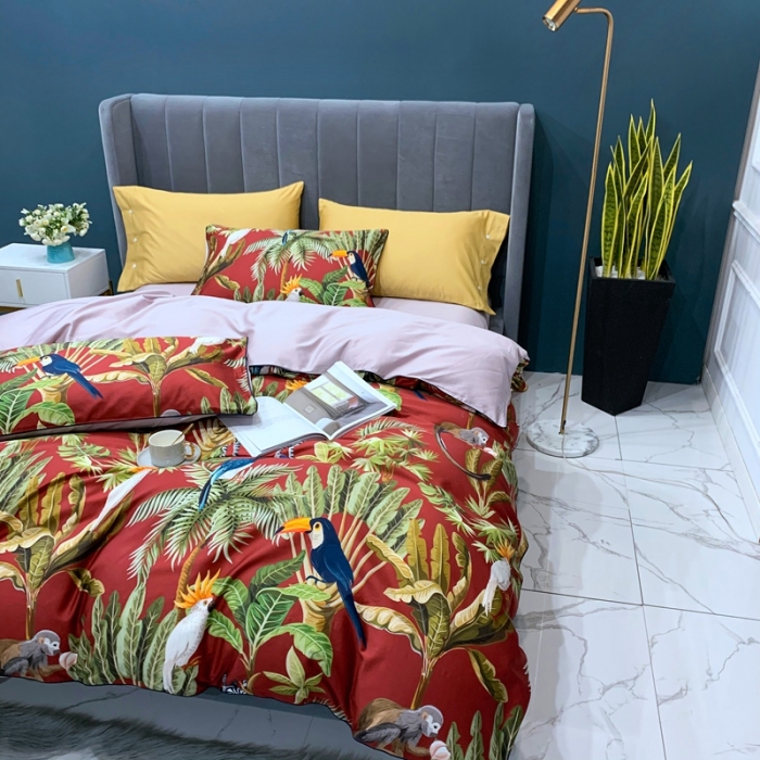 91家纺网 家纺一手货源 找家纺 优然居 2020新款60S长绒棉贡缎数码印花嵌绳四件套摩卡红