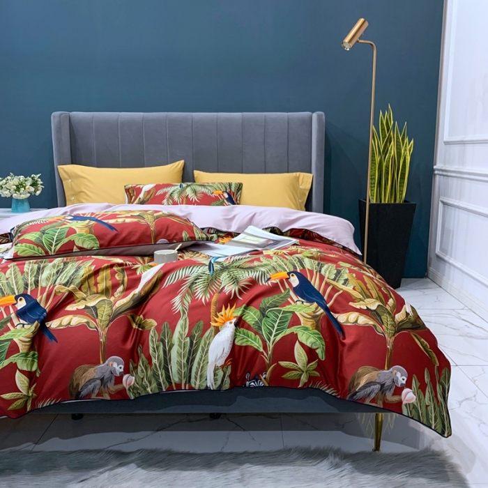 91家纺网 家纺一手货源 找家纺 优然居 2020新款60S长绒棉贡缎数码印花嵌绳四件套摩卡红