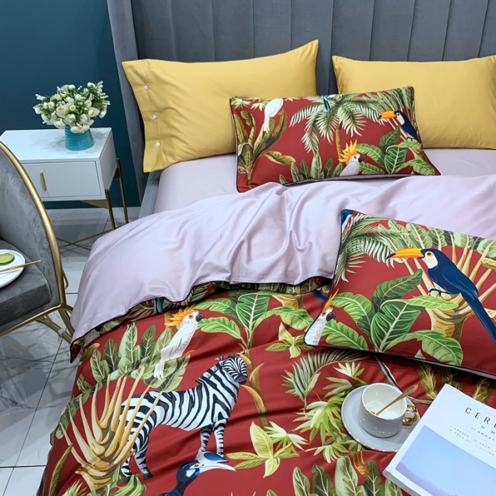 91家纺网 家纺一手货源 找家纺 优然居 2020新款60S长绒棉贡缎数码印花嵌绳四件套摩卡红