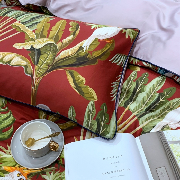 91家纺网 家纺一手货源 找家纺 优然居 2020新款60S长绒棉贡缎数码印花嵌绳四件套摩卡红