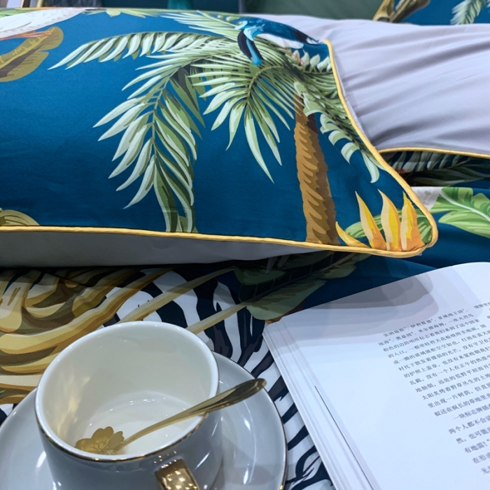 91家纺网 家纺一手货源 找家纺 优然居 2020新款60S长绒棉贡缎数码印花嵌绳四件套摩卡蓝