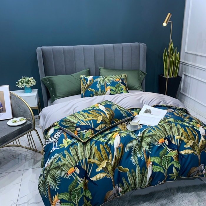 91家纺网 家纺一手货源 找家纺 优然居 2020新款60S长绒棉贡缎数码印花嵌绳四件套摩卡蓝