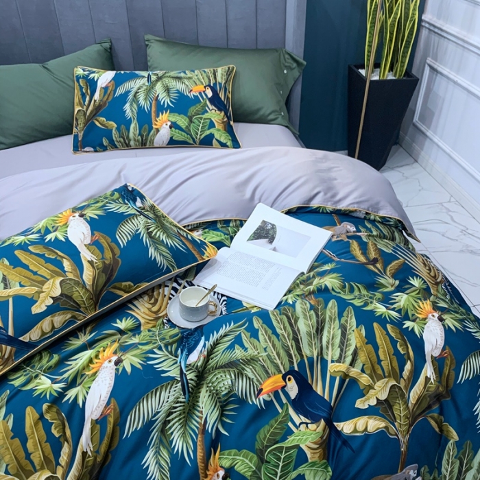 91家纺网 家纺一手货源 找家纺 优然居 2020新款60S长绒棉贡缎数码印花嵌绳四件套摩卡蓝