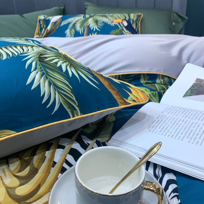 91家纺网 家纺一手货源 找家纺 优然居 2020新款60S长绒棉贡缎数码印花嵌绳四件套摩卡蓝