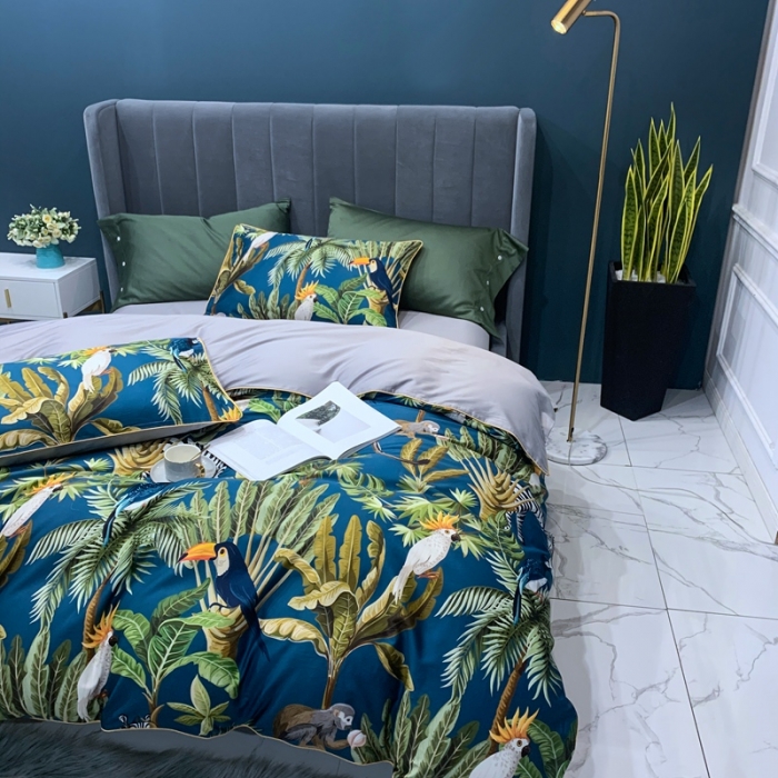 91家纺网 家纺一手货源 找家纺 优然居 2020新款60S长绒棉贡缎数码印花嵌绳四件套摩卡蓝