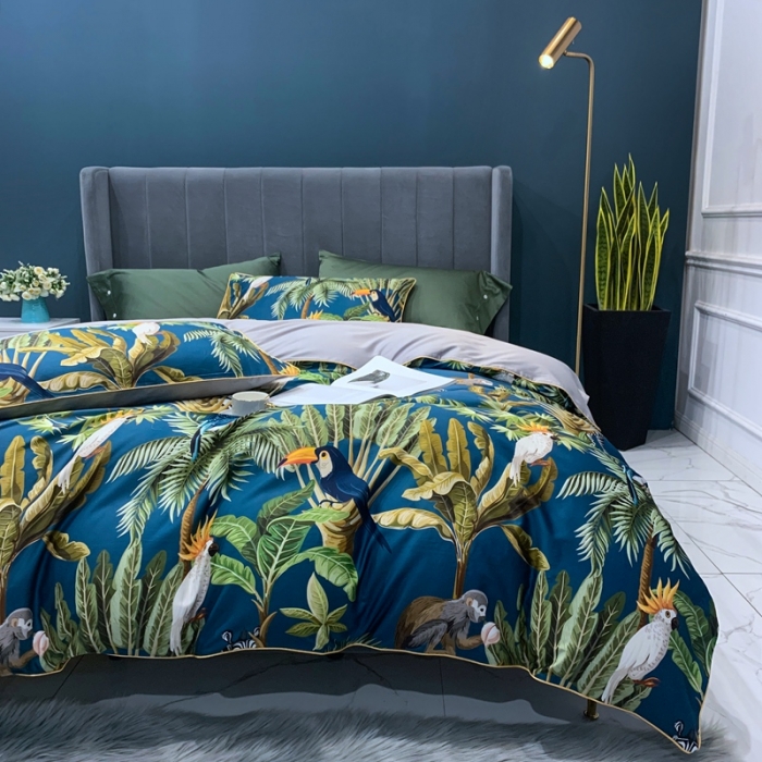 91家纺网 家纺一手货源 找家纺 优然居 2020新款60S长绒棉贡缎数码印花嵌绳四件套摩卡蓝