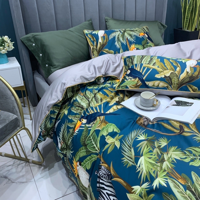 91家纺网 家纺一手货源 找家纺 优然居 2020新款60S长绒棉贡缎数码印花嵌绳四件套摩卡蓝