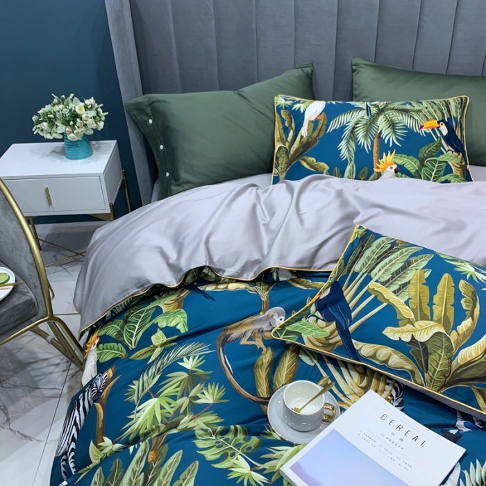 91家纺网 家纺一手货源 找家纺 优然居 2020新款60S长绒棉贡缎数码印花嵌绳四件套摩卡蓝