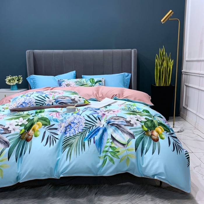 91家纺网 家纺一手货源 找家纺 优然居2020新款60S长绒棉贡缎数码印花嵌绳四件套盛夏光年