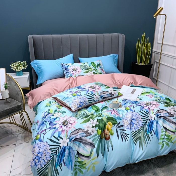 91家纺网 家纺一手货源 找家纺 优然居2020新款60S长绒棉贡缎数码印花嵌绳四件套盛夏光年