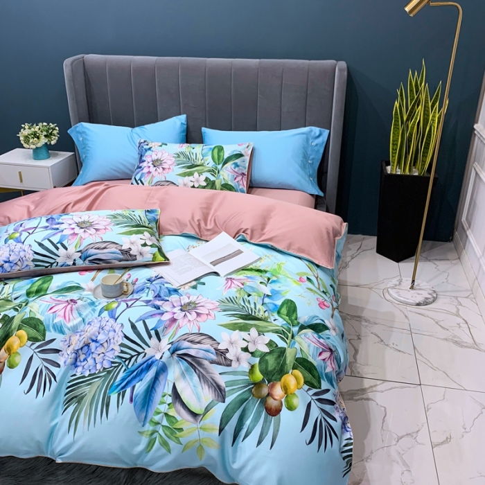 91家纺网 家纺一手货源 找家纺 优然居2020新款60S长绒棉贡缎数码印花嵌绳四件套盛夏光年