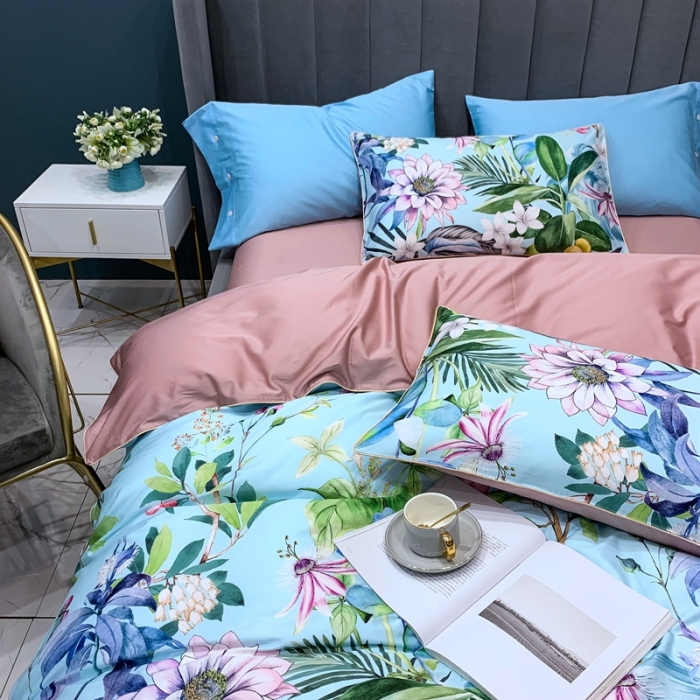 91家纺网 家纺一手货源 找家纺 优然居2020新款60S长绒棉贡缎数码印花嵌绳四件套盛夏光年