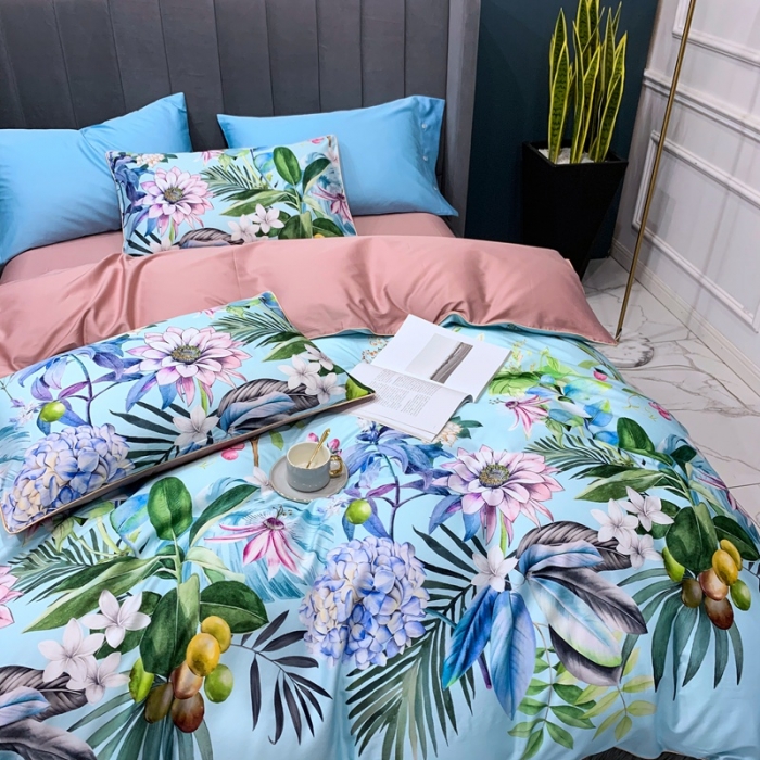 91家纺网 家纺一手货源 找家纺 优然居2020新款60S长绒棉贡缎数码印花嵌绳四件套盛夏光年