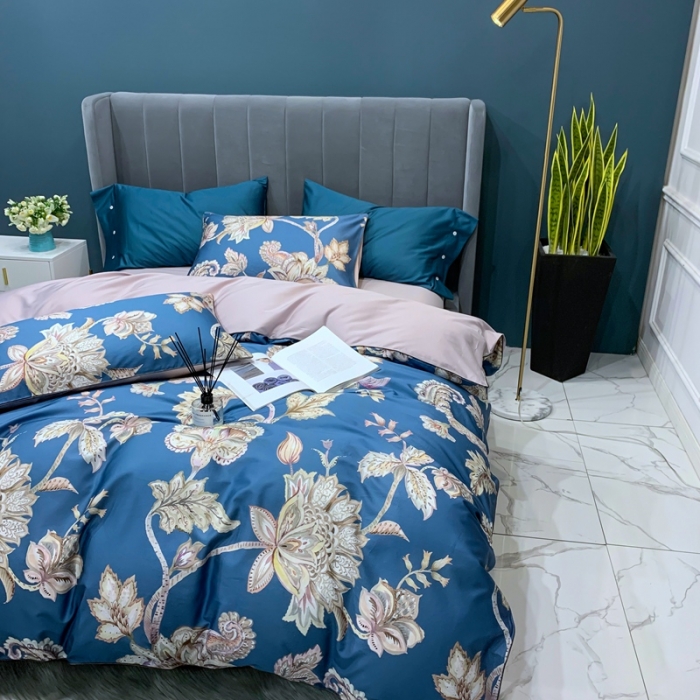 91家纺网 家纺一手货源 找家纺 优然居2020新款60S长绒棉贡缎数码印花嵌绳四件套雅致-蓝