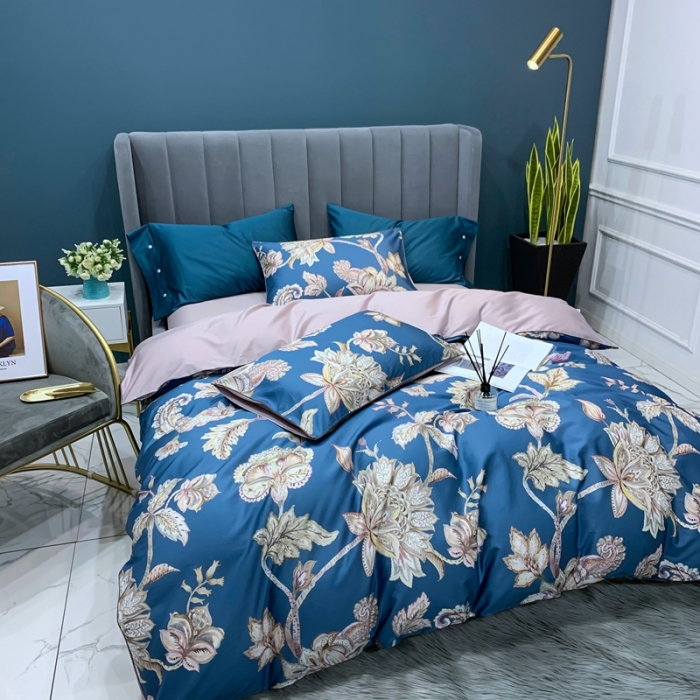 91家纺网 家纺一手货源 找家纺 优然居2020新款60S长绒棉贡缎数码印花嵌绳四件套雅致-蓝