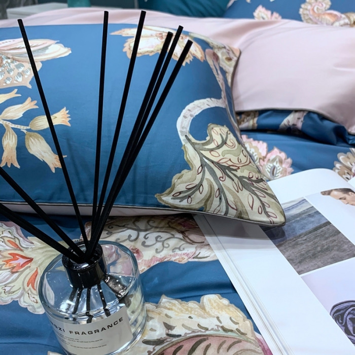 91家纺网 家纺一手货源 找家纺 优然居2020新款60S长绒棉贡缎数码印花嵌绳四件套雅致-蓝