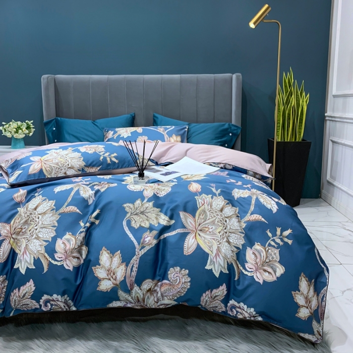 91家纺网 家纺一手货源 找家纺 优然居2020新款60S长绒棉贡缎数码印花嵌绳四件套雅致-蓝