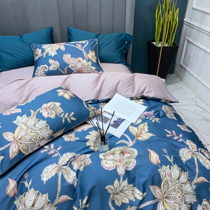 91家纺网 家纺一手货源 找家纺 优然居2020新款60S长绒棉贡缎数码印花嵌绳四件套雅致-蓝