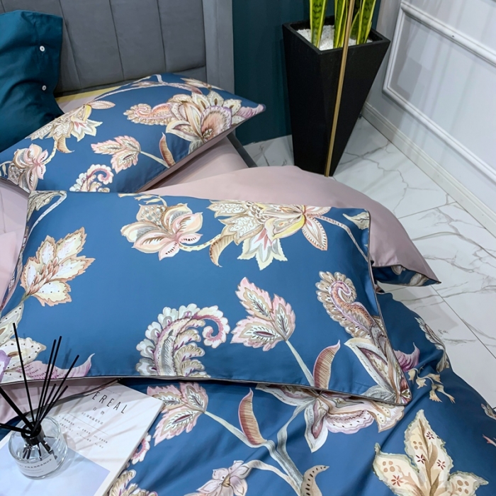 91家纺网 家纺一手货源 找家纺 优然居2020新款60S长绒棉贡缎数码印花嵌绳四件套雅致-蓝