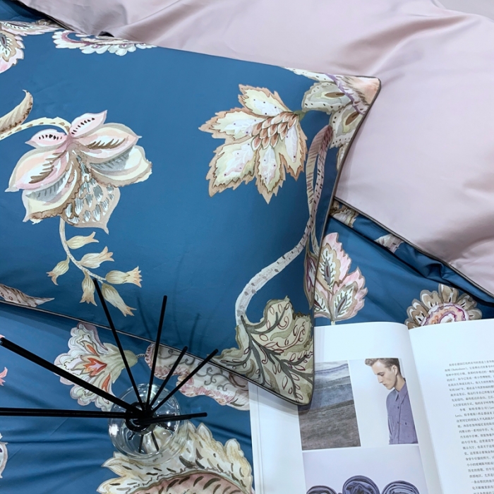 91家纺网 家纺一手货源 找家纺 优然居2020新款60S长绒棉贡缎数码印花嵌绳四件套雅致-蓝