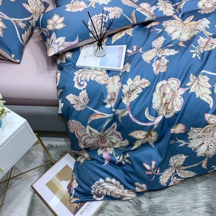 91家纺网 家纺一手货源 找家纺 优然居2020新款60S长绒棉贡缎数码印花嵌绳四件套雅致-蓝