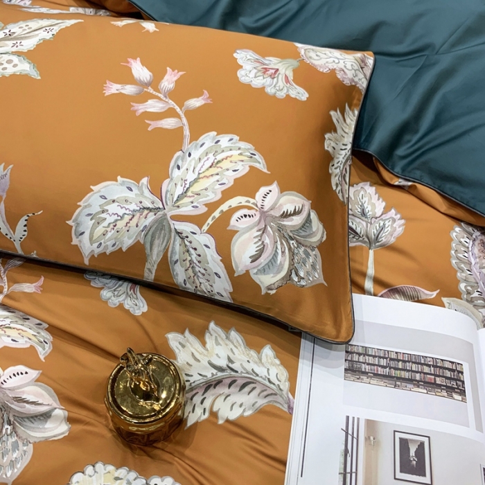 91家纺网 家纺一手货源 找家纺 优然居 2020新款60S长绒棉贡缎数码印花嵌绳四件套雅致咖