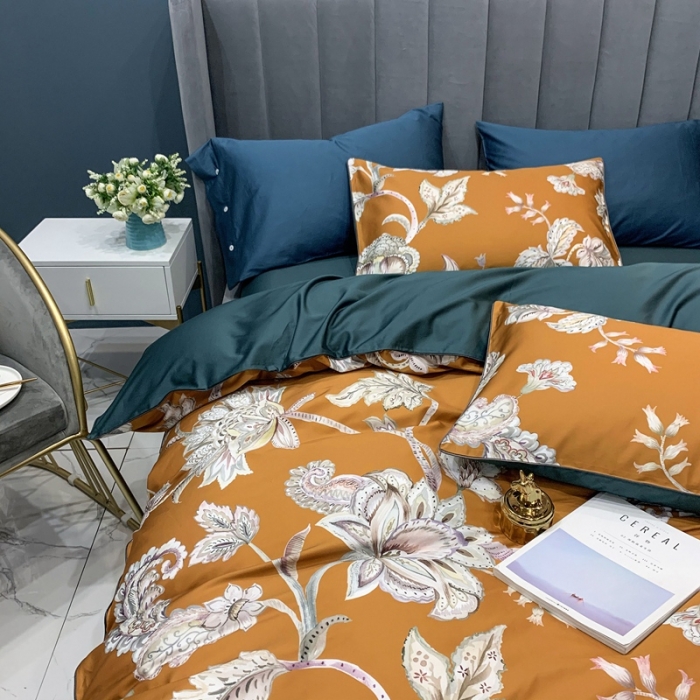 91家纺网 家纺一手货源 找家纺 优然居 2020新款60S长绒棉贡缎数码印花嵌绳四件套雅致咖