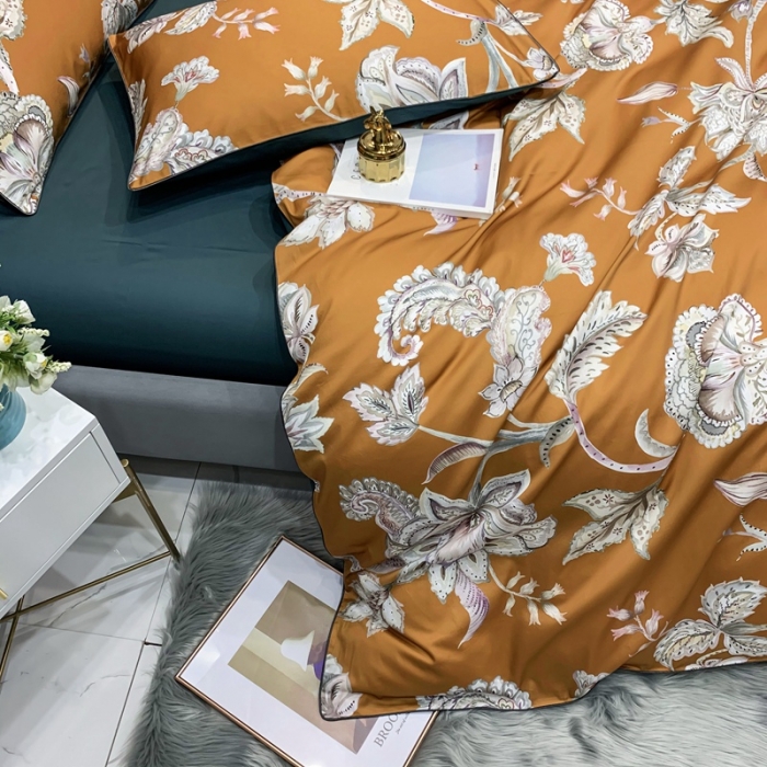 91家纺网 家纺一手货源 找家纺 优然居 2020新款60S长绒棉贡缎数码印花嵌绳四件套雅致咖