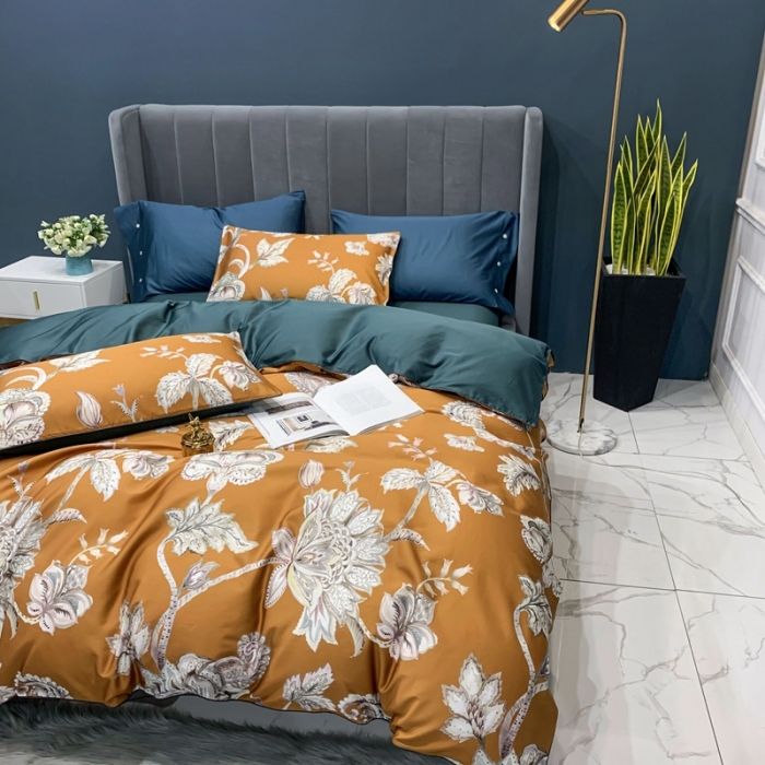 91家纺网 家纺一手货源 找家纺 优然居 2020新款60S长绒棉贡缎数码印花嵌绳四件套雅致咖