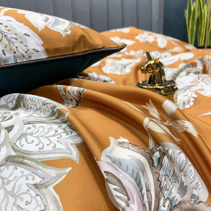 91家纺网 家纺一手货源 找家纺 优然居 2020新款60S长绒棉贡缎数码印花嵌绳四件套雅致咖