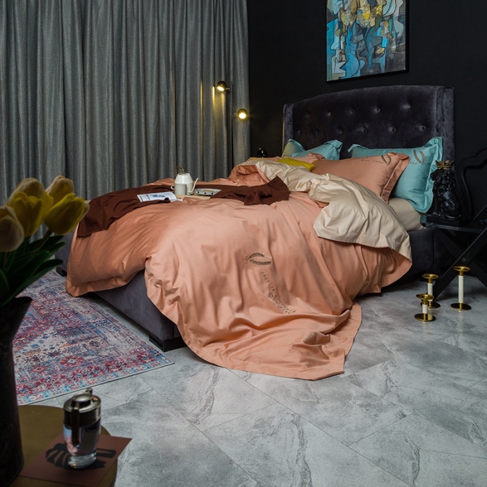 91家纺网 家纺一手货源 找家纺 澳萝拉 2020新款60支长绒棉四件套 珊瑚橙