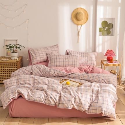 91家纺网 家纺一手货源 找家纺 澳萝拉 2020新款13372全棉滚边格子款四件套 淡粉格