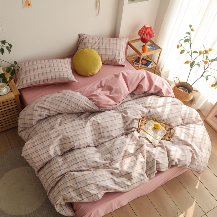 91家纺网 家纺一手货源 找家纺 澳萝拉 2020新款13372全棉滚边格子款四件套 淡粉格