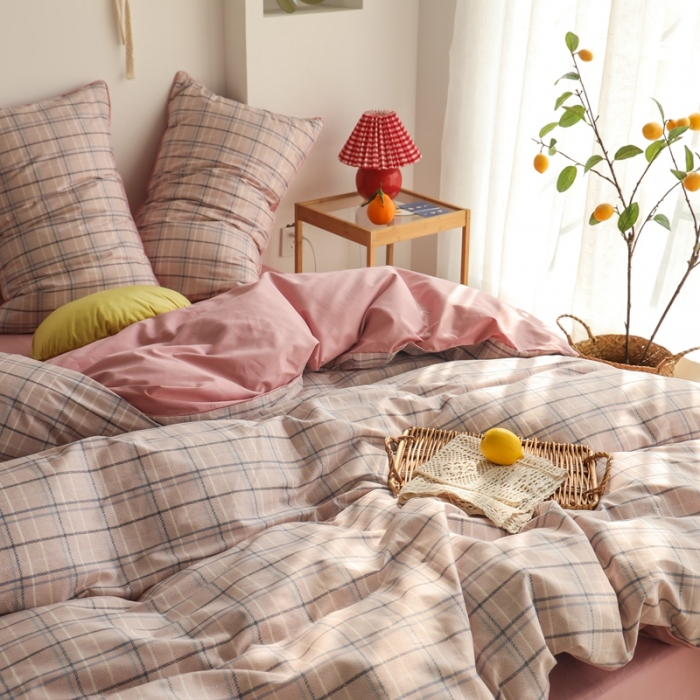 91家纺网 家纺一手货源 找家纺 澳萝拉 2020新款13372全棉滚边格子款四件套 淡粉格