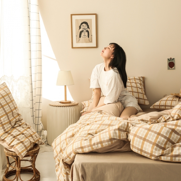 91家纺网 家纺一手货源 找家纺 澳萝拉 2020新款13372全棉滚边格子款四件套 黄昏格