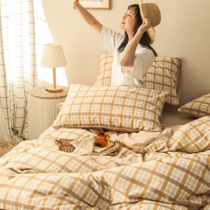 91家纺网 家纺一手货源 找家纺 澳萝拉 2020新款13372全棉滚边格子款四件套 黄昏格