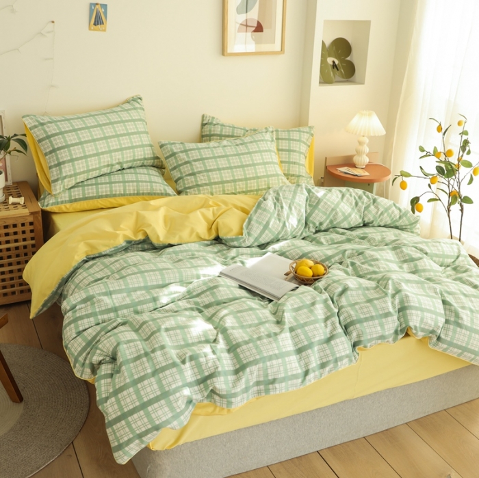 91家纺网 家纺一手货源 找家纺 澳萝拉 2020新款13372全棉滚边格子款四件套 抹茶格