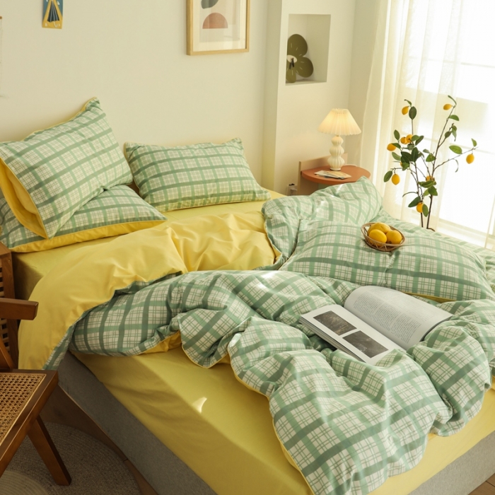 91家纺网 家纺一手货源 找家纺 澳萝拉 2020新款13372全棉滚边格子款四件套 抹茶格