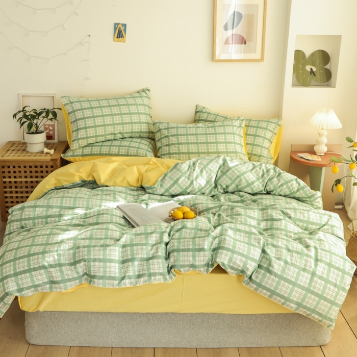 91家纺网 家纺一手货源 找家纺 澳萝拉 2020新款13372全棉滚边格子款四件套 抹茶格