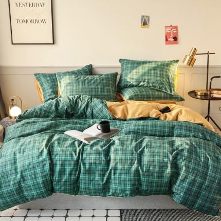 澳萝拉 2020新款13372全棉滚边格子款四件套 墨绿格