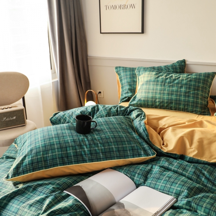 91家纺网 家纺一手货源 找家纺 澳萝拉 2020新款13372全棉滚边格子款四件套 墨绿格