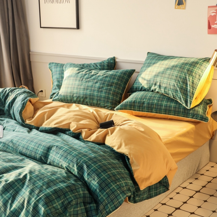 91家纺网 家纺一手货源 找家纺 澳萝拉 2020新款13372全棉滚边格子款四件套 墨绿格