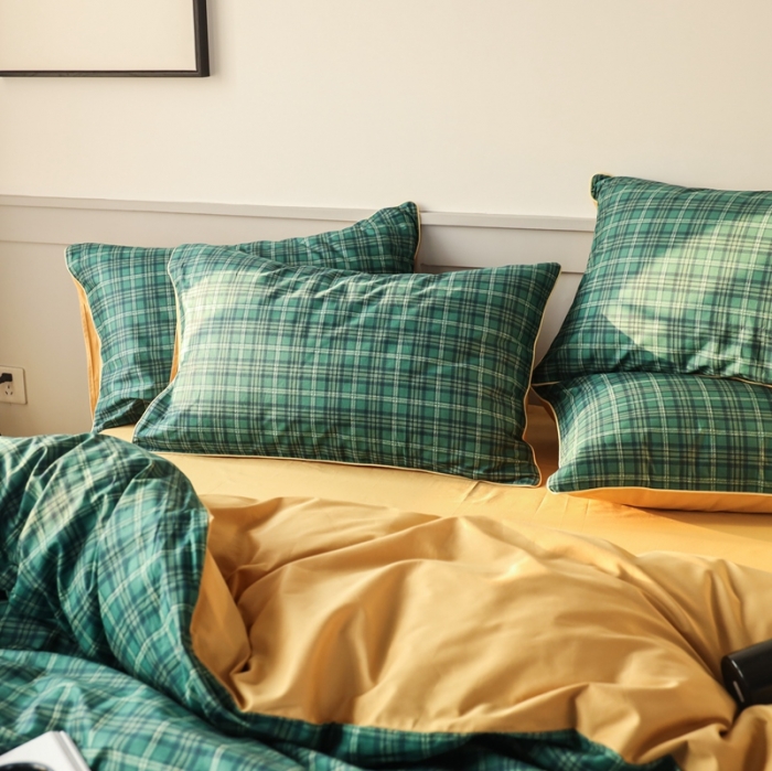 91家纺网 家纺一手货源 找家纺 澳萝拉 2020新款13372全棉滚边格子款四件套 墨绿格