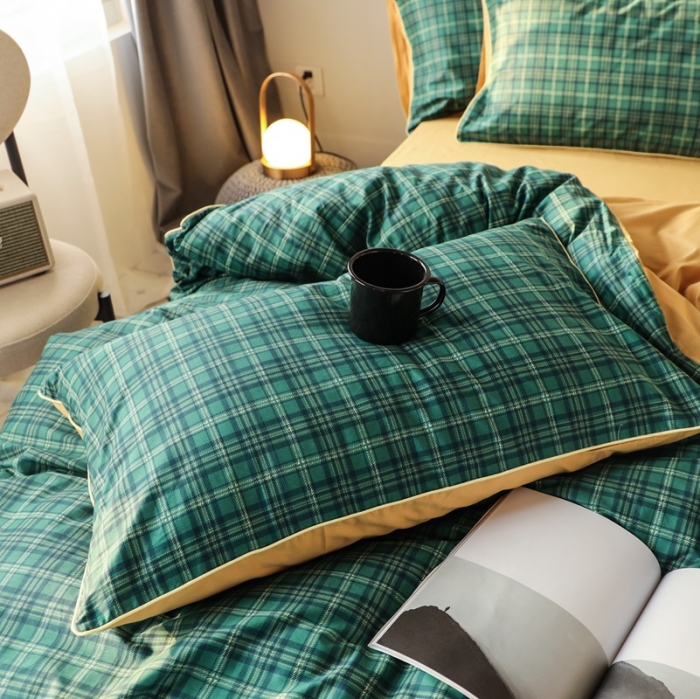 91家纺网 家纺一手货源 找家纺 澳萝拉 2020新款13372全棉滚边格子款四件套 墨绿格