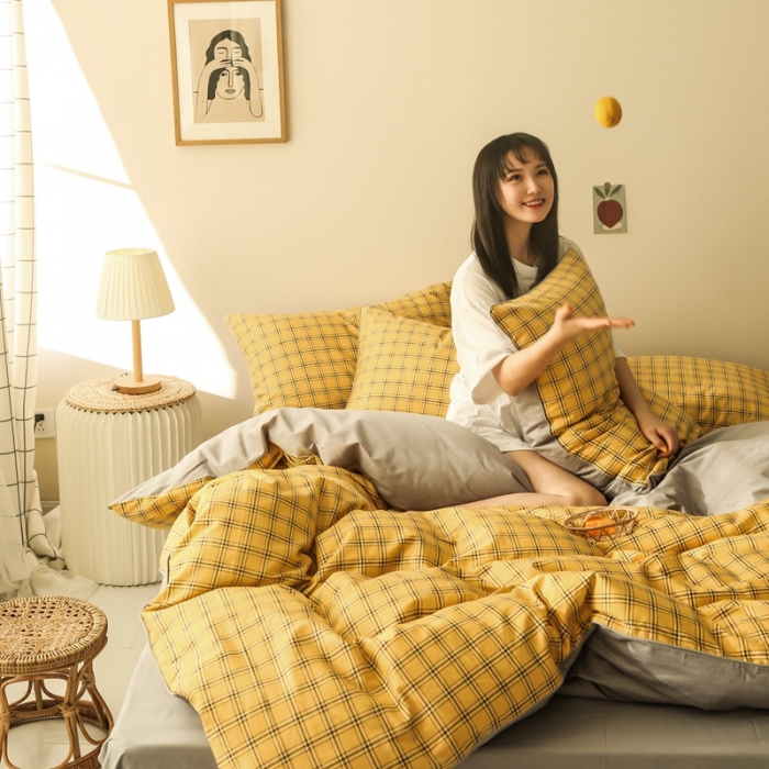 91家纺网 家纺一手货源 找家纺 澳萝拉 2020新款13372全棉滚边格子款四件套 柠檬格