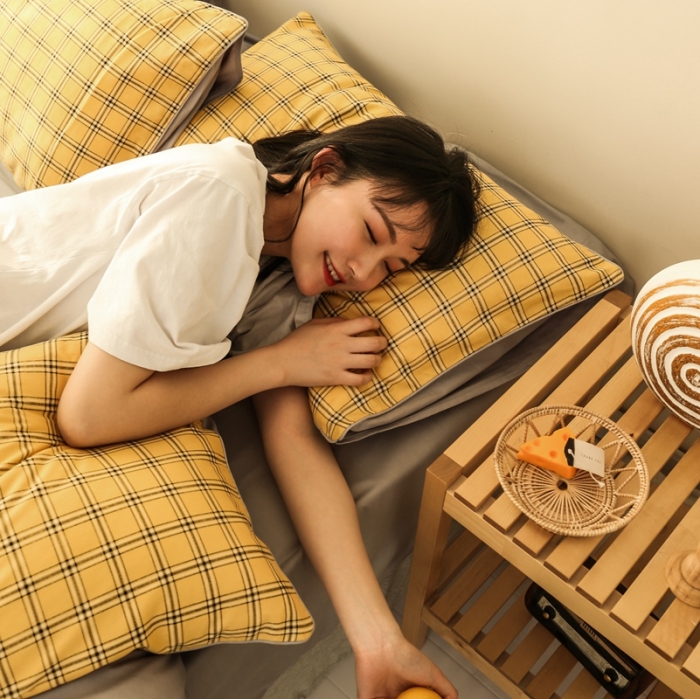 91家纺网 家纺一手货源 找家纺 澳萝拉 2020新款13372全棉滚边格子款四件套 柠檬格