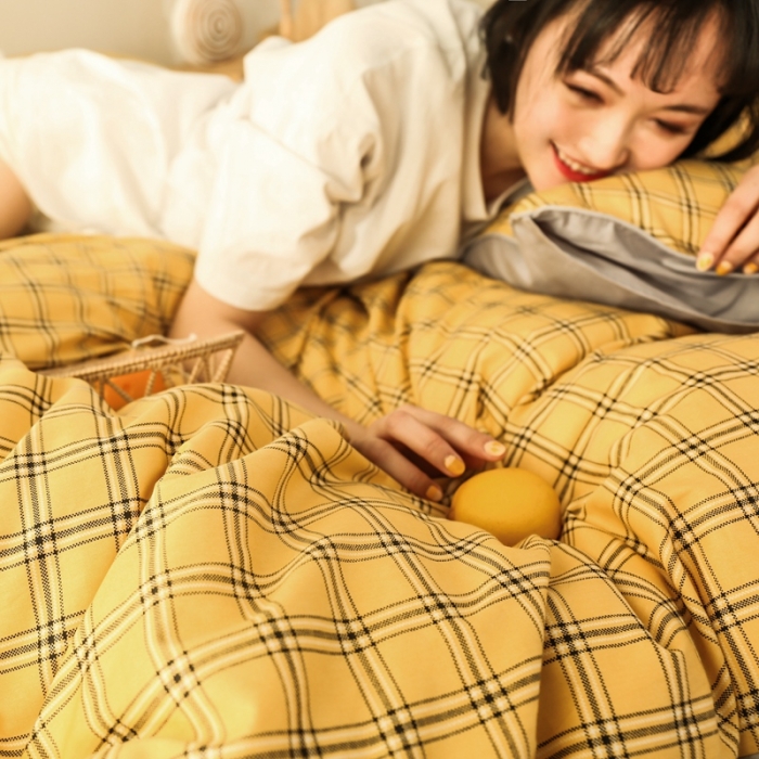 91家纺网 家纺一手货源 找家纺 澳萝拉 2020新款13372全棉滚边格子款四件套 柠檬格