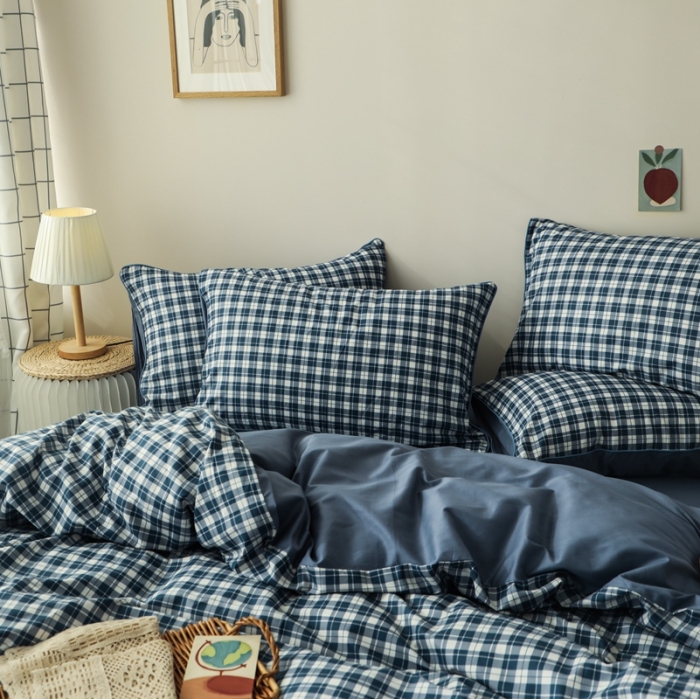 91家纺网 家纺一手货源 找家纺 澳萝拉 2020新款13372全棉滚边格子款四件套 学院格