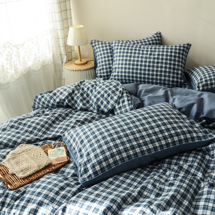 91家纺网 家纺一手货源 找家纺 澳萝拉 2020新款13372全棉滚边格子款四件套 学院格