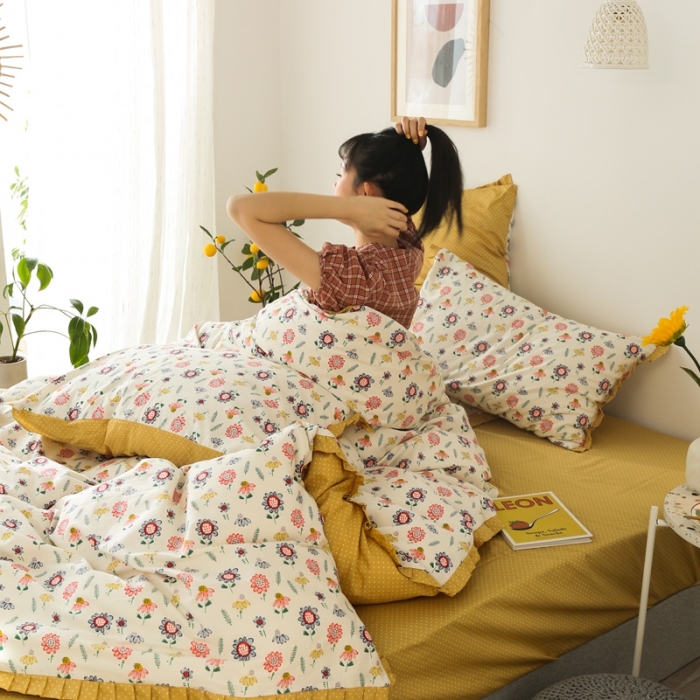 91家纺网 家纺一手货源 找家纺 澳萝拉 2020新款13372全棉花边碎花款四件套 小葵花